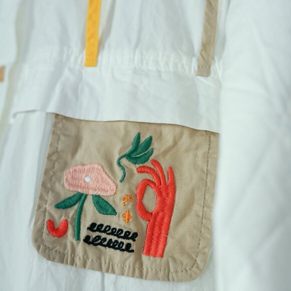 White Collared Button Down Shirt: Embroidery/Upcycled Pockets/Details - Picture 7 of 11